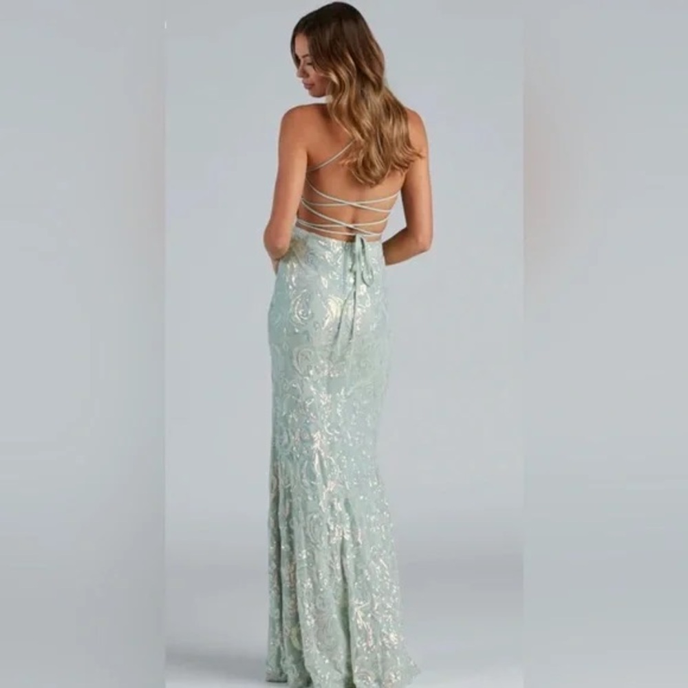 Windsor Mint Sequin Spaghetti Strap Prom Gown with High Slit - Picture 2 of 2